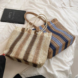 Vvsha New Fashion Stripes Straw Shoulder Handbags Summer Beach Holiday Totes Bags Handmade Woven Women Shoulder Bags Shopping Bags