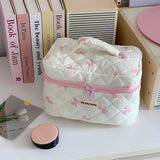 Vvsha New Women Cosmetic Storage Cotton Quilted Bag Simple Bow Knot Lipstic Makeup Organizer Handbag Cute Large Capacity Zipper Bags