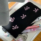 Vvsha 1PC  Black Canvas Pen Bags Girl Heart Embroidered Bow Pencil Case Stationery Bag Cosmetics Storage Bag Pencil Case