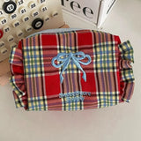 Vvsha Women Cosmetic Bag Bow Embroidered Ruffle Edge Makeup Storage Bag Travel Toiletry Bag Large Capacity Zipper Checkered Coin Purse