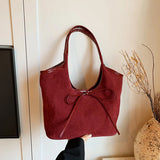 Vvsha Burgundy Suede Large Capacity Bucket Bag 2024 New Women's Bow Magnetic Buckle Shoulder Bags Commuting Classroom Elegant Handbag