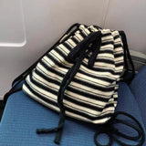 Vvsha Maillard Idle Sle Stripe Fashion Canvas Backpack 2024 Spring and Summer New Knitted Schoolbag Large Capacity Backpack