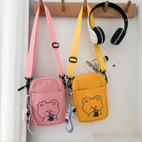 New Cute Bear Canvas Crossbody Bags Women Fashion Casual Shoulder Bags Ladies Cartoon Cell Phone Zipper Purse Mini Messenger Bag