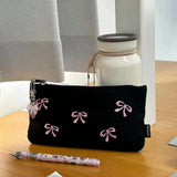 Vvsha 1PC  Black Canvas Pen Bags Girl Heart Embroidered Bow Pencil Case Stationery Bag Cosmetics Storage Bag Pencil Case