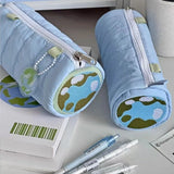 Vvsha Christmas gift Cartoon Earth Embroidery Cylinder Pen Bag Cute Stationery Box Student Storage Bag Portable Large Capacity Blue Stationery Bag