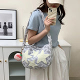 Vvsha Women Casual Satchel Bag Large Capacity Canvas Lovely Shoulder Bag Star Applique Y2K Street Teens Students School Crossbody Bag