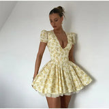 Vvsha Lemon Bloom V-Neck Mini Dress