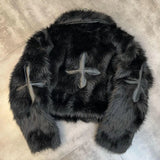 Vvsha 2024 Winter Women Jacket Lapel Long Sleeve Patch PU Cross Fur Cotton Coat