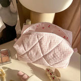 Vvsha Fashion Checkered Floral Makeup Bag Large Capacity Portable Cosmetic Storage Bag Cotton Quilted Wash Bag Skincare Pouch