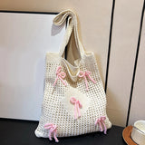 Vvsha Women Knitted Shoulder Bag with Bow Crochet Beach Tote Bag Woven Hobo Bag Large Capacity Hollow Out Handbag for Outdoor Travel