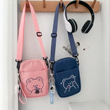 New Cute Bear Canvas Crossbody Bags Women Fashion Casual Shoulder Bags Ladies Cartoon Cell Phone Zipper Purse Mini Messenger Bag