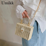 Vvsha Rattan Straw Shoulder Bag Women Boho Hand-Woven Basket Messenger Pouch Summer Beach Square Box Top-handle Handbag for Lady Girls