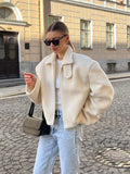 Vvsha White Fashion Zipper Lamb Wool Jacket For Women Chic Lapel Long Sleeve Loose Cropped Coat Female Fall Winter Casual Outwear 2024