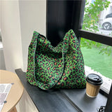 Vvsha Women's Corduroy Shoulder Crossbody Bag Green Leopard Print Cloth Large Capacity Handbag Casual Travel Shopping Totes