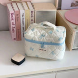 Vvsha New Women Cosmetic Storage Cotton Quilted Bag Simple Bow Knot Lipstic Makeup Organizer Handbag Cute Large Capacity Zipper Bags