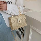 Vvsha Rattan Straw Shoulder Bag Women Boho Hand-Woven Basket Messenger Pouch Summer Beach Square Box Top-handle Handbag for Lady Girls