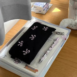 Vvsha 1PC  Black Canvas Pen Bags Girl Heart Embroidered Bow Pencil Case Stationery Bag Cosmetics Storage Bag Pencil Case