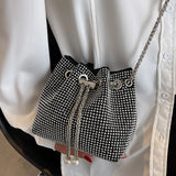 Vvsha Bright Rhinestone Shoulder Bag Women Chains Crossbody Bag Drawstring Bucket Handbag Luxury Lady Armpit Handbag Daily Totes