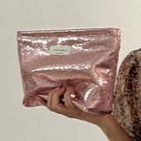 Vvsha Simple Shiny Sequins Silver Clutch Cosmetic Handbag Makeup Bag Portable Women Toiletries Skincare Storage Bag Organizer Pouch