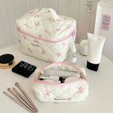 Vvsha Cute Bow Flower Quilting Cotton Makeup Bag Women Zipper Cosmetic Organizer Female Cloth Handbag Portable Toiletry Case for Girls