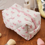 Vvsha Quilted Makeup Bag Floral Large Cute Cosmetic Bag  Coquette Travel Makeup Pouch Aesthetic Portable Zipper Toiletry Storage Bag