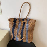 Vvsha New Fashion Stripes Straw Shoulder Handbags Summer Beach Holiday Totes Bags Handmade Woven Women Shoulder Bags Shopping Bags