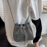 Vvsha Bright Rhinestone Shoulder Bag Women Chains Crossbody Bag Drawstring Bucket Handbag Luxury Lady Armpit Handbag Daily Totes