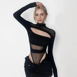 Sexy Hollow Bodysuit Women's Skinny Long Sleeved Perspective Mesh Tops Solid Color Fashion Jumpsuit Bottoming Black Y2k Clothes