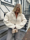 Vvsha White Fashion Zipper Lamb Wool Jacket For Women Chic Lapel Long Sleeve Loose Cropped Coat Female Fall Winter Casual Outwear 2024