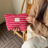 Vvsha New Colorful Striped Dot Plush Clutch Cosmetic Bag Large Capacity Makeup Pouch Toiletries Bag Travel Outdoor Makeup Storage