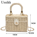 Vvsha Rattan Straw Shoulder Bag Women Boho Hand-Woven Basket Messenger Pouch Summer Beach Square Box Top-handle Handbag for Lady Girls