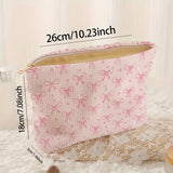 Vvsha Minimally designed pink bow pattern printed corduroy zipper makeup bag, lightweight and multifunctional cosmetic storage bag