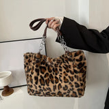 Vvsha National Style Simple Women Leopard Tote Bag Lady Luxury Fluffy Shoulder Bag Chain Large Capacity Commuter Handle Bag