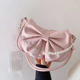 Vvsha Trendy Pearl Bow Shoulder Bag Underarm Bag Daily Commuting Bag Casual Handbag Solid Business Women's Bag