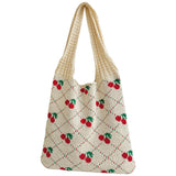 Vvsha Fashion Cherry Knitting Shoulder Bag for Women Raffia Woven Boho Hand Bag Large Travel Shopping Bag Causal Crochet Tote Handbags