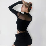 Sexy Hollow Bodysuit Women's Skinny Long Sleeved Perspective Mesh Tops Solid Color Fashion Jumpsuit Bottoming Black Y2k Clothes