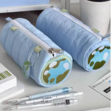 Vvsha Christmas gift Cartoon Earth Embroidery Cylinder Pen Bag Cute Stationery Box Student Storage Bag Portable Large Capacity Blue Stationery Bag