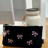 Vvsha 1PC  Black Canvas Pen Bags Girl Heart Embroidered Bow Pencil Case Stationery Bag Cosmetics Storage Bag Pencil Case