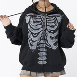 Vvsha Skeleton Print Zip Up Loose Oversized Hoodie