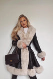 Vvsha Christmas Gift Outfit Women Faux Fur Lapel Collar Leather PU Warm Long Coat with Belt Female Elegant Winter Corset Cardigan Jacket Windbreaker