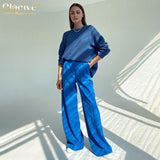 Vvsha Christmas Gift outfit  Blue Office Women'S Pants 2021 Fashion Loose Full Length Ladies Trousers Casual High Waist Wide Pants For Women