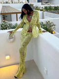 Vvsha Christmas Gift Outfit Chiffon Elegant V Neck Printed Beach Cardigan Shirt Long Maxi Skirt Women Two Piece Set Bandage Ruffles Y2K Green 2024