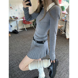 Vvsha Christmas Gift Outfit autumn dress Fake TwoPiece Shirt Collar SlimFit LongSleeved Knitted Dress Women + Belt