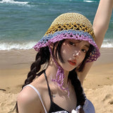 Vvsha Christmas Gift Outfit Women Knitted Lattice Fisherman Hat Handmade Crochet Color Matching Basin Hat Spring and Autumn Knitted Sunscreen Sun Hat