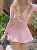 Vvsha Pink Sweet Ruched Ruffled Hem Long Sleeve Slim Mini Dress