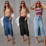 Vvsha Christmas Gift Outfit teacher outfits 2024 New Split Denim Skirt Women's High Waist Washed American A line Skirt MidLength