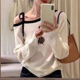 Vvsha Christmas Gift Outfit men¡¯s outfits Contrast Color offtheShoulder offShoulder Sweater Sweater for Women 2024 Early Autumn Slim Fit Slimming Long Sleeve Hot Girl Chic Top