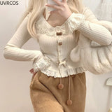 Vvsha  party look inspos Sweet Lolita Style Short Cardigan Women Kawaii Lace Patchwork Ruffles Bow Knitted Coat Korean Fashion Chic Buttons Cute Crop Top