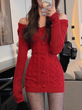 Vvsha  party look inspos Winter Vintage Knitted One Piece Dress Women Off Shoulder Elegant Mini Dress Female Korean Fashion Designer Y2k Party Dress 2024