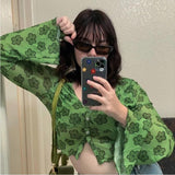 Vvsha Christmas Gift Outfit Back To School Graphic Print Green Mesh Sheer TShirt Long Flare Sleeve Slim Crop Tops Sexy See Trough Women Tops Y2K Vintage Grunge